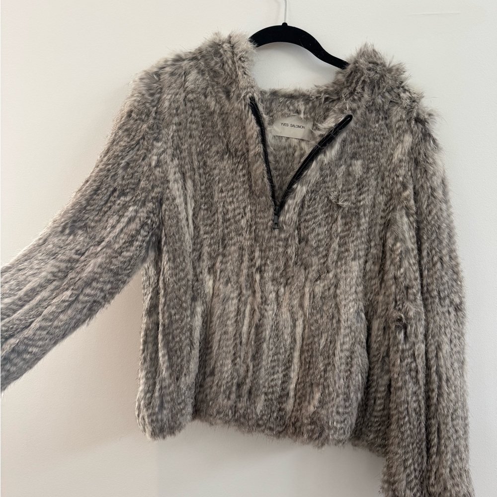 RARE Yves Salomon Gray Rabbit Fur Hoodie – Size 34 – Excellent Condition